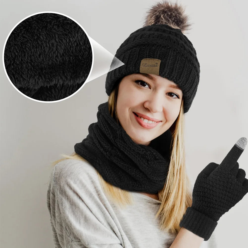 Stay Cozy and Chic this Winter with Our 3-Piece Women's Hat, Scarf, and Touchscreen Gloves Set in Classic Black