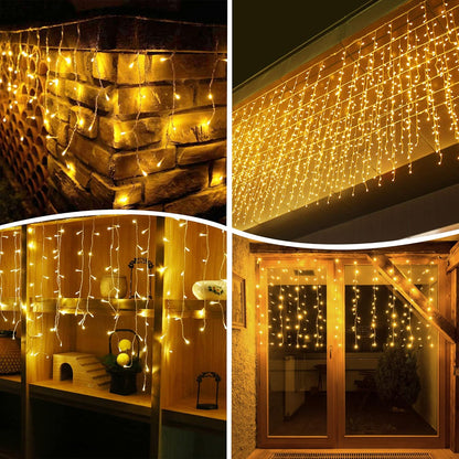 Transform Your Space with 400 LED Warm White Outdoor Curtain Lights - Perfect for Christmas, Parties, and More!